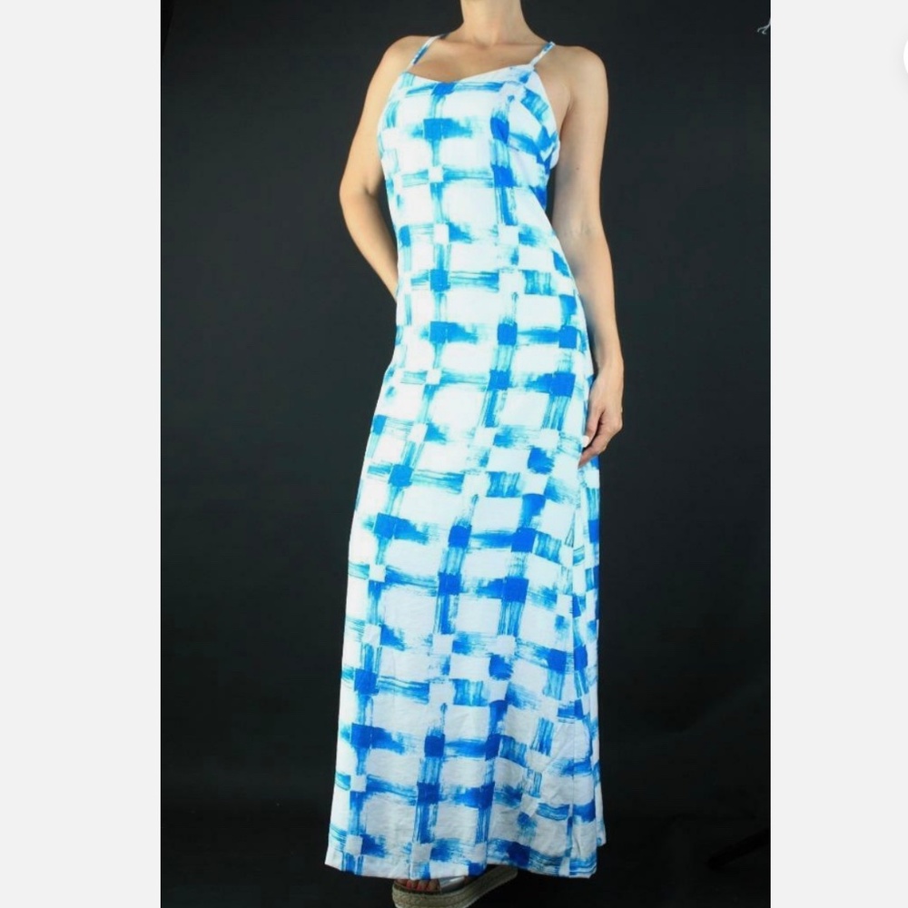AX Armani Exchange Brushstroke Grid Turquoise Maxi Dress Sz S